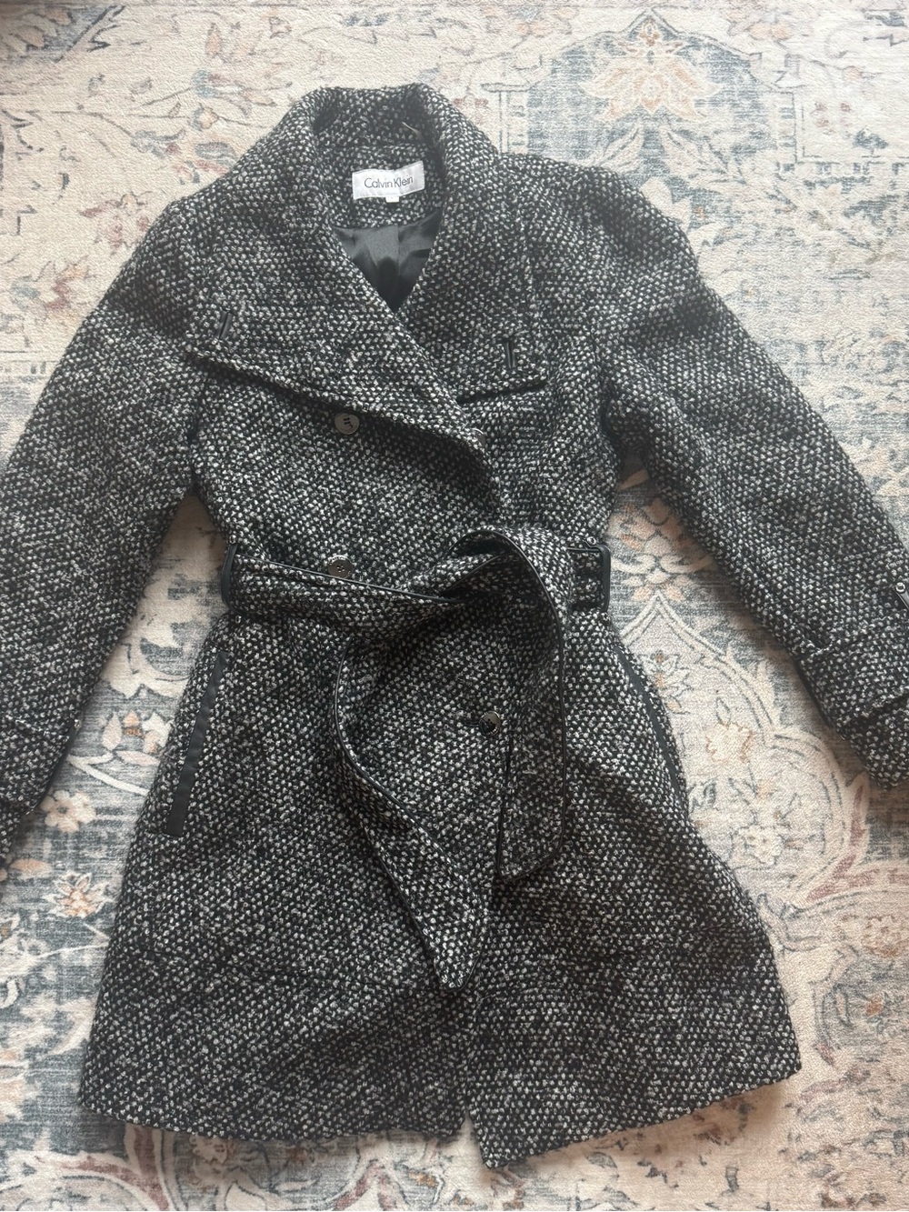 Calvin Klein Black & White Tweed Belted Trench
